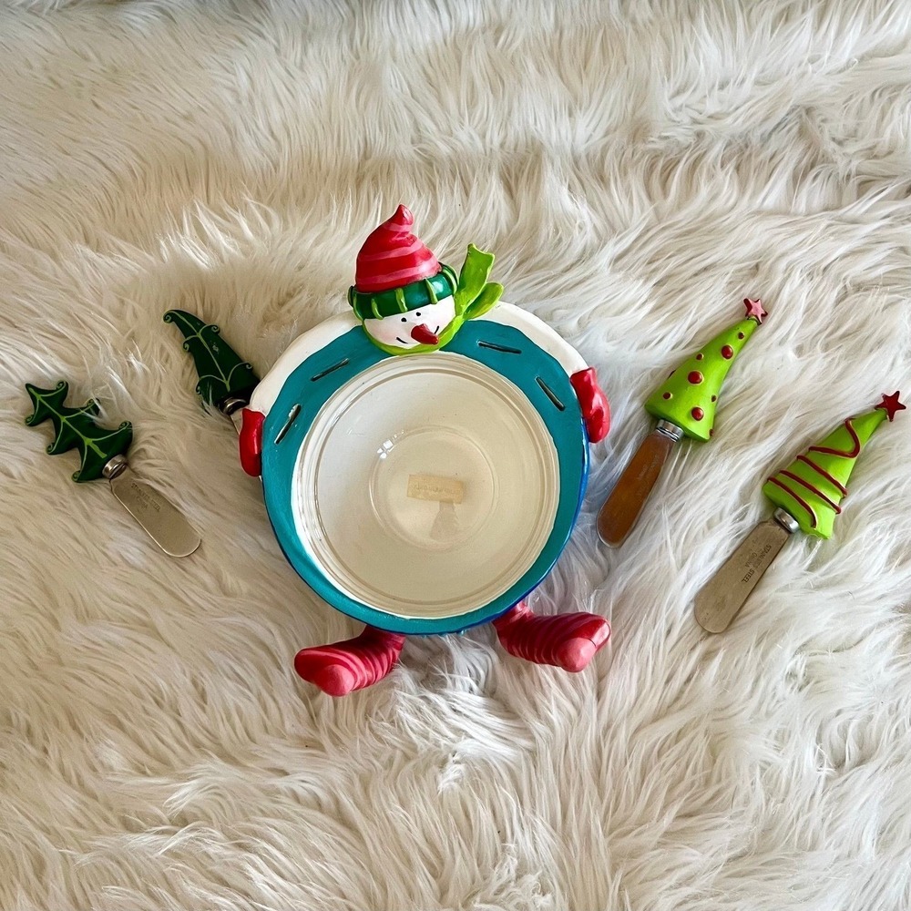 Snowman Christmas Dip Bowl Set with 4 Tree Handle Stainless Steel Spreaders